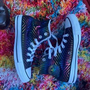 black & rainbow iridescent star converse hi-top